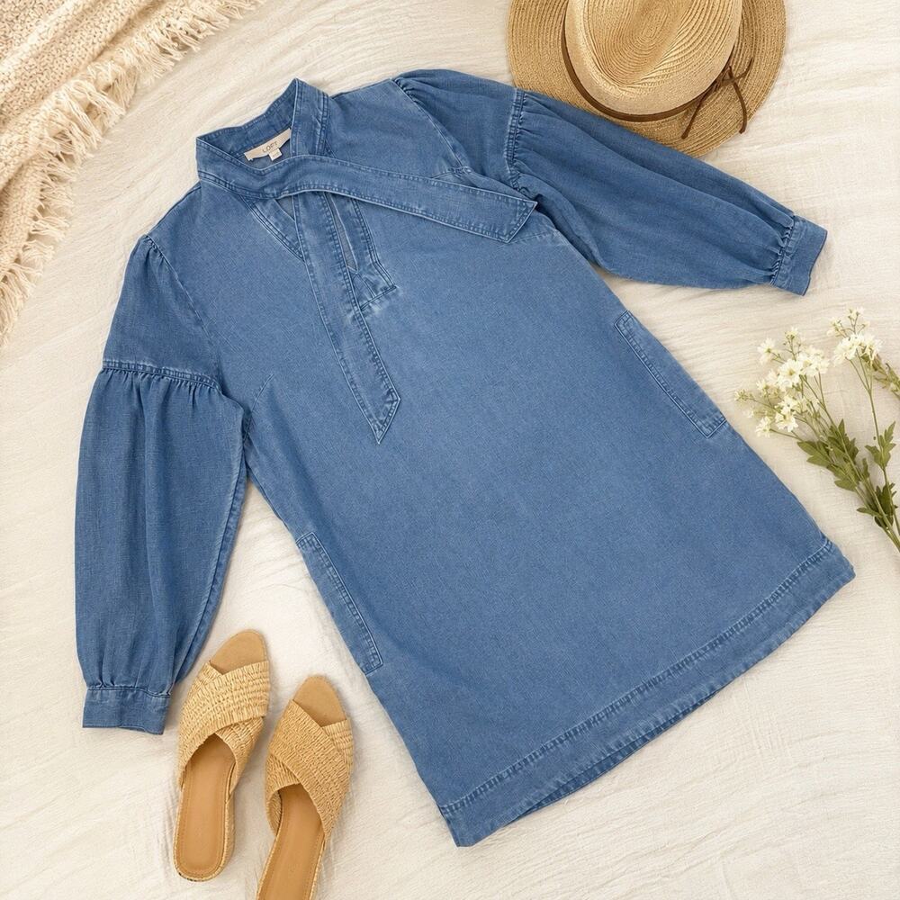 LOFT Chambray Tie Neck Knee Length Shift Dress | Balloon Sleeves | Size Medium